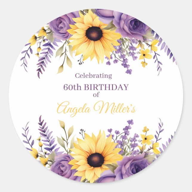 Pegatina Redonda Purple floral 60th birthday party (Anverso)