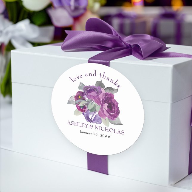 Pegatina Redonda Purple Floral Elegante amor y gracias Boda (Purple floral thank you stickers from my Plush Purple Wedding Collection )