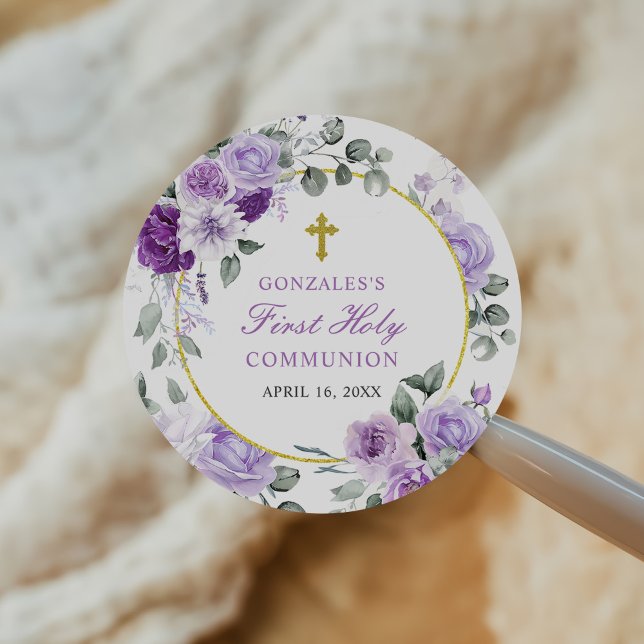Pegatina Redonda Purple Floral Girl First Holy Communion (Subido por el creador)