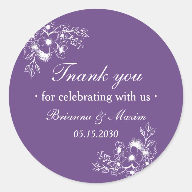 Pegatina Redonda Purple Floral Wedding Thank You (Anverso)