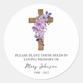 Pegatina Redonda Purple Flower Cross Memorial Funeral Seed Packet