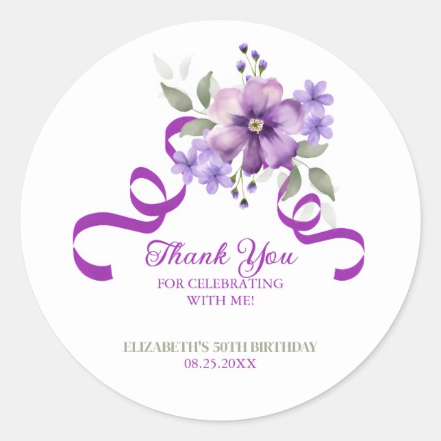 Pegatina Redonda Purple Flower Greenery Ribbon Birthday (Anverso)