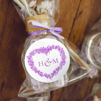 Pegatina Redonda Purple forget me nots inked art wedding monogram
