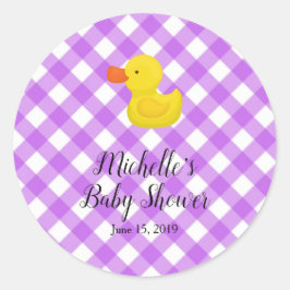 Pegatina Redonda Purple Gingham Rubber Duckie Baby Shower