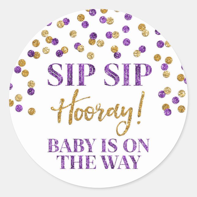 Pegatina Redonda Purple Gold Confetti Sip Sip Hooray (Anverso)