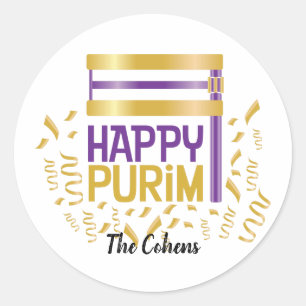 Pegatina Redonda Purple Gold Happy Purim y Grogger