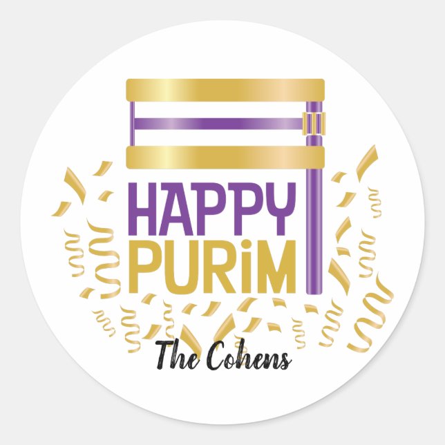 Pegatina Redonda Purple Gold Happy Purim y Grogger (Anverso)