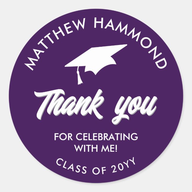 Pegatina Redonda Purple Graduating Class Thank You Grad Cap (Anverso)