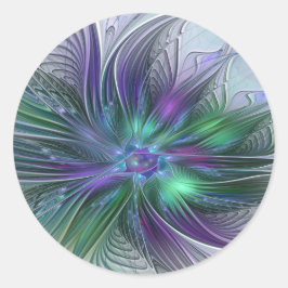 Pegatina Redonda Purple Green Flower Modern Abstract Art Fractal