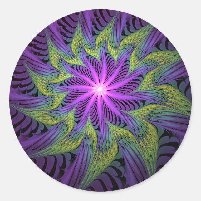 Pegatina Redonda Purple Green Flower Modern Abstract Fractal Art (Anverso)