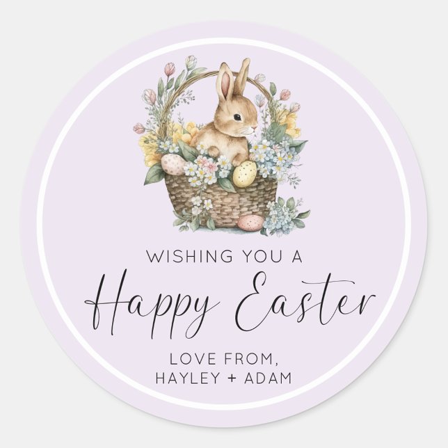 Pegatina Redonda Purple Lilac Feliz Conejo de Pascua (Easter Bunny Sticker)