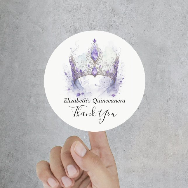 Pegatina Redonda Purple Lilac Tiara Quinceañera Gracias (Purple Lilac Tiara Quinceañera Thank You Classic Round Sticker
)