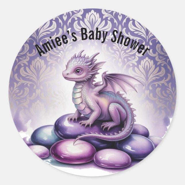 Pegatina Redonda Purple Magical Dragon Baby Shower (Anverso)