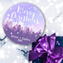 Pegatina Redonda Purple Merry Christmas Snowley Forest