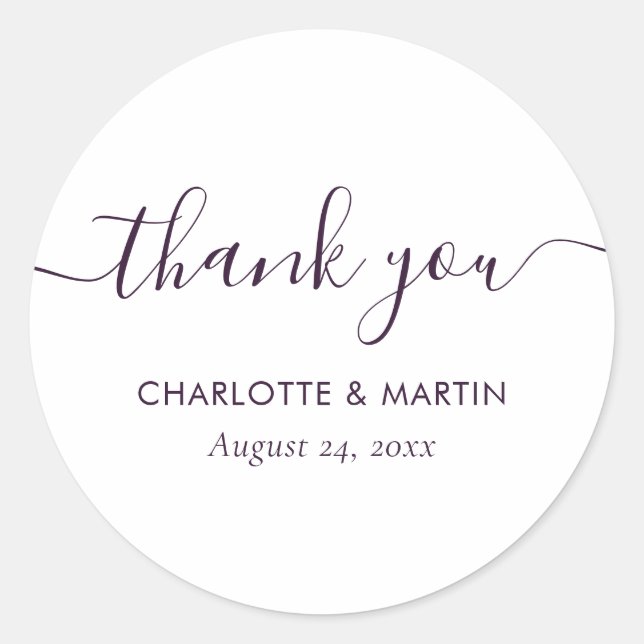 Pegatina Redonda Purple Modern Script Wedding Thank You (Anverso)