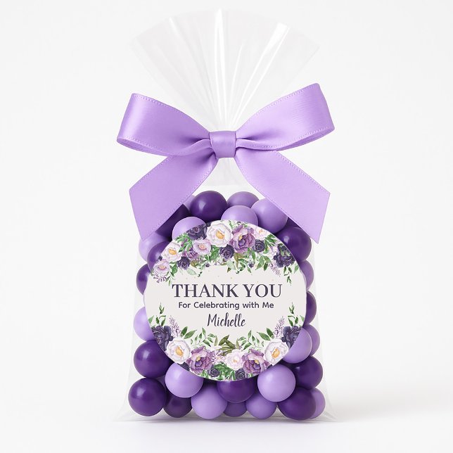 Pegatina Redonda Purple Peonies Floral Women's Birthday Thank You (Purple peonies birthday party "Thank you" favor bag sticker)