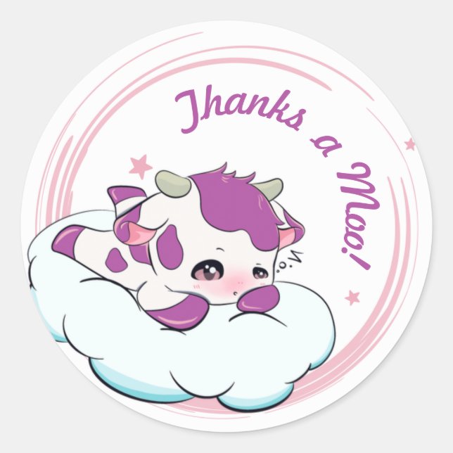 Pegatina Redonda Purple Pink Baby Cow White Cloud Elegant Gracias (Anverso)