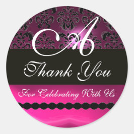 Pegatina Redonda PURPLE PINK FUCHSIA DAMASK MONOGRAM, violeta