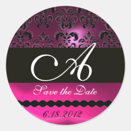 Pegatina Redonda PURPLE PINK FUCHSIA DAMASK MONOGRAM, violeta