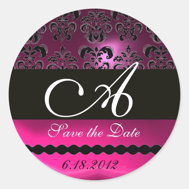 Pegatina Redonda PURPLE PINK FUCHSIA DAMASK MONOGRAM, violeta (Anverso)