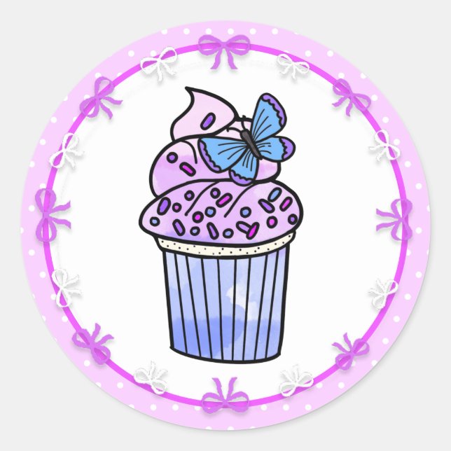 Pegatina Redonda Purple Polka Dot Cupcake and Butterfly Birthday (Anverso)