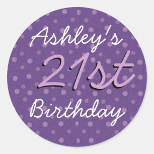 Pegatina Redonda Purple Polka Dots 21st Birthday Custom Name