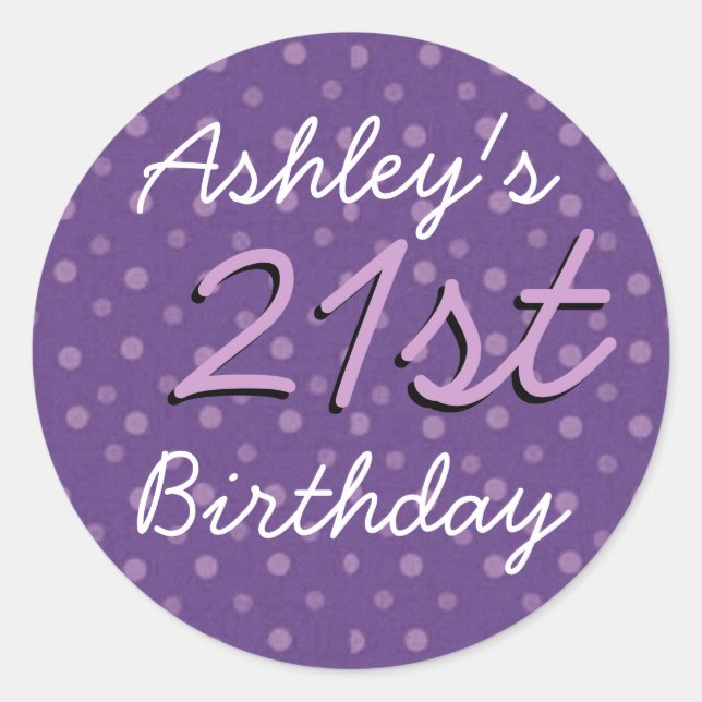 Pegatina Redonda Purple Polka Dots 21st Birthday Custom Name (Anverso)