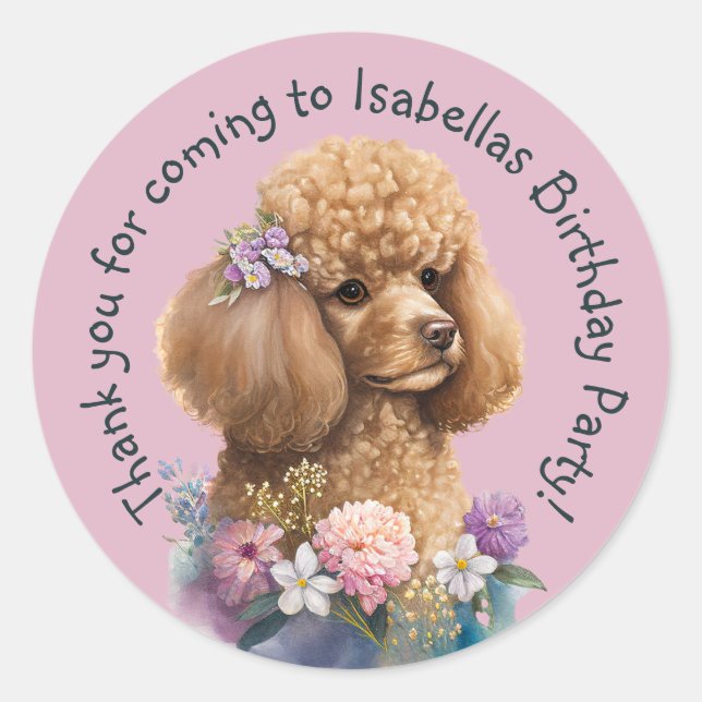 Pegatina Redonda Purple Poodle Gracias Dog Floral Whimsical (Anverso)