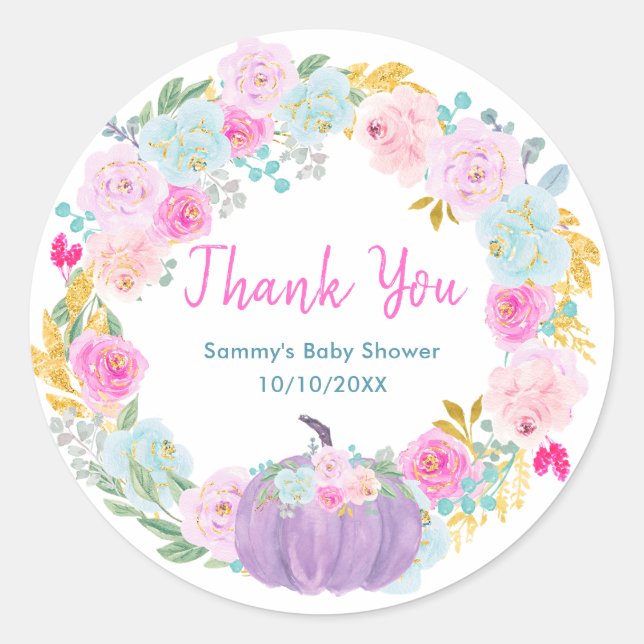Pegatina Redonda Purple Pumpkin Floral Wreath Baby Shower Thank You (Anverso)