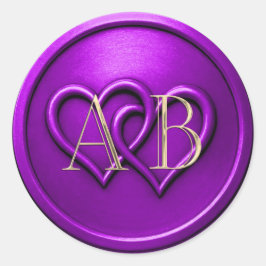 Pegatina Redonda Purple Two Hearts Intertwined Monogram Wedding