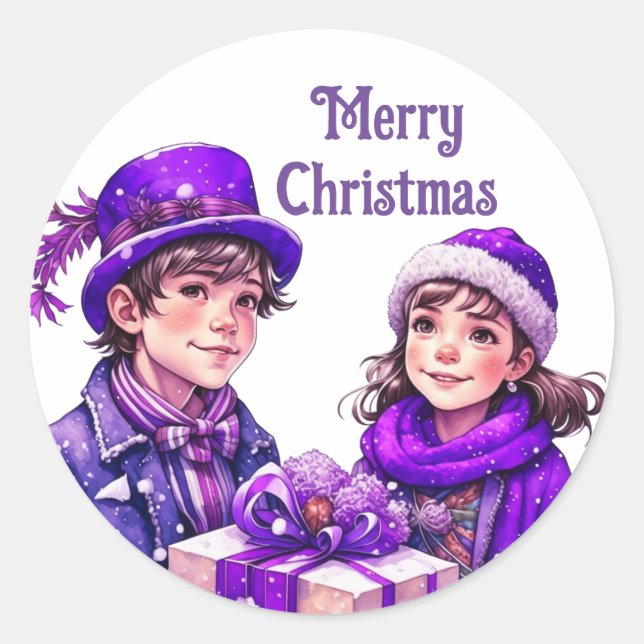 Pegatina Redonda Purple Vintage Feliz Navidad (Anverso)