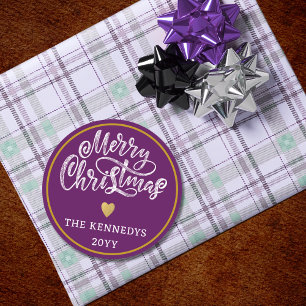 Pegatina Redonda Purple White Gold Feliz Navidad