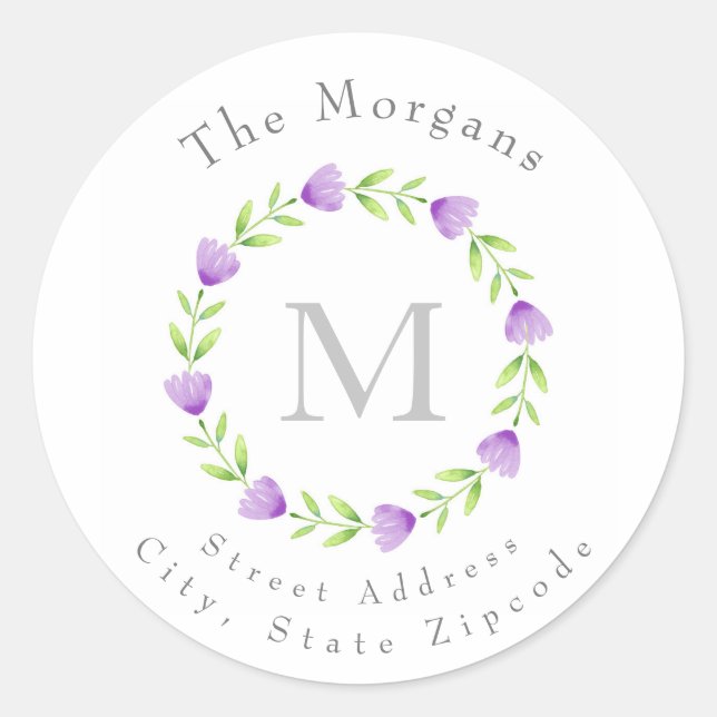 Pegatina Redonda Púrpura acuarela Estrellas de flores (Anverso)