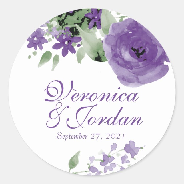 Pegatina Redonda Púrpura acuarela Floral Wedding Stickers (Anverso)