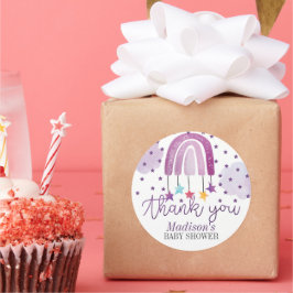 Pegatina Redonda Púrpura Arcoiris Baby Shower Pastel Gracias