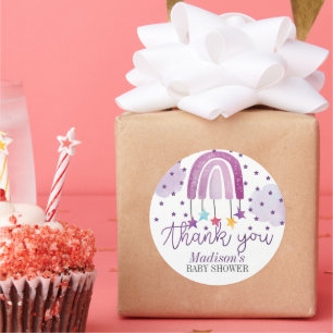 Pegatina Redonda Púrpura Arcoiris Baby Shower Pastel Gracias