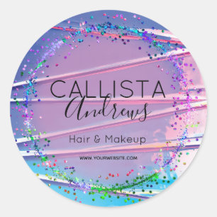 Pegatina Redonda Púrpura azul zigzag Holograph Purpurina Confetti