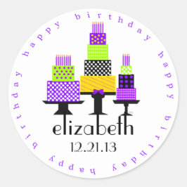 Pegatina Redonda Púrpura Cumpleaños Cakes Feliz Cumpleaños