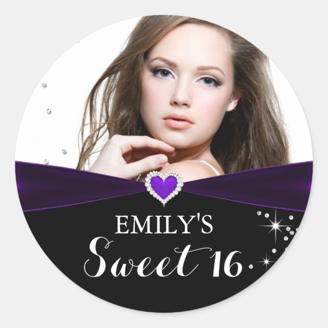 Pegatina Redonda Púrpura Esparkle Heart Photo Sweet Dieciséis Pegat (Anverso)