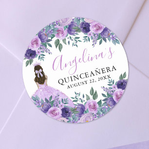 Pegatina Redonda Púrpura Floral Elegante Quinceañera
