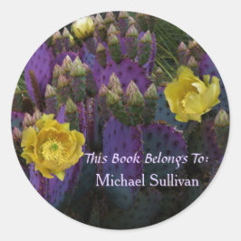 Pegatina Redonda Púrpura Pear Opuntia Cactus Flores Amarillas