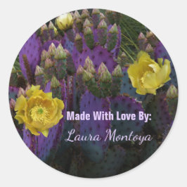 Pegatina Redonda Púrpura Pear Opuntia Cactus Flores Amarillas