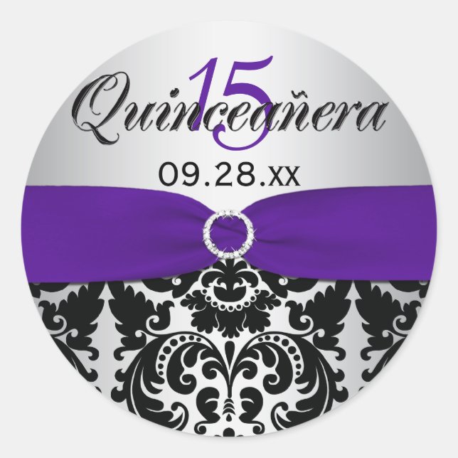 Pegatina Redonda Púrpura, plateado, negro Damask Quinceanera Pegati (Anverso)