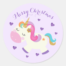 Pegatina Redonda Púrpura Purpurina de Navidades de Rainbow Unicorn