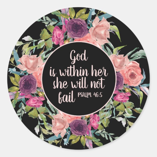 Pegatina Redonda Púrpura Rosa Acuarela Floral Biblia Cristiana (Anverso)