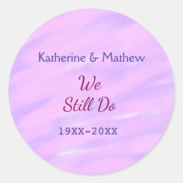 Pegatina Redonda Púrpura rosa pastel Renovación de votos aniversari (Anverso)