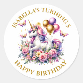 Pegatina Redonda Púrpura rosa y unicornio de oro personalizado