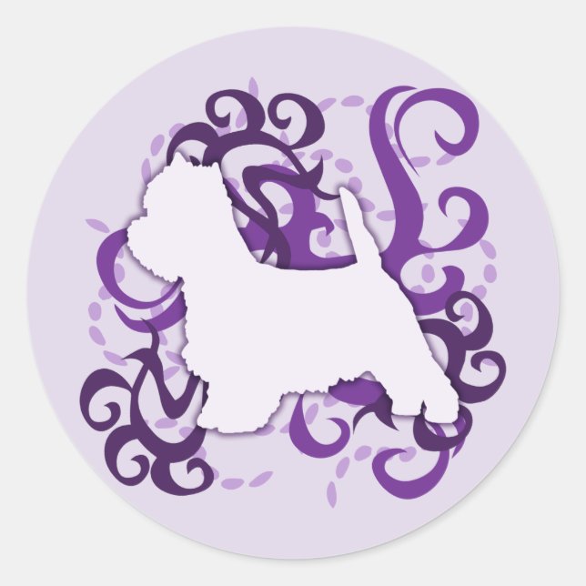Pegatina Redonda Púrpura Swirl Westie (Anverso)