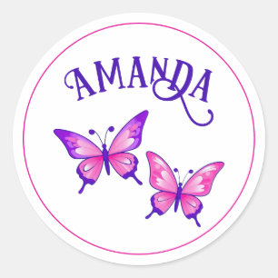 Pegatina Redonda Púrpura y mariposa rosa Duo con nombre