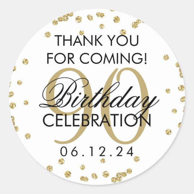 Pegatina Redonda Purpurina 90 cumpleaños de oro gracias (Anverso)